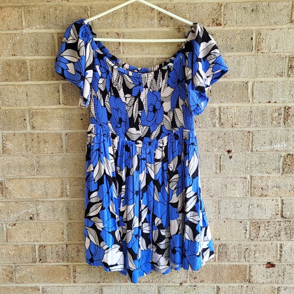 Free People Louise Floral Off The Shoulder Smocked Bodice Mini Dress L Blue - Picture 2 of 8